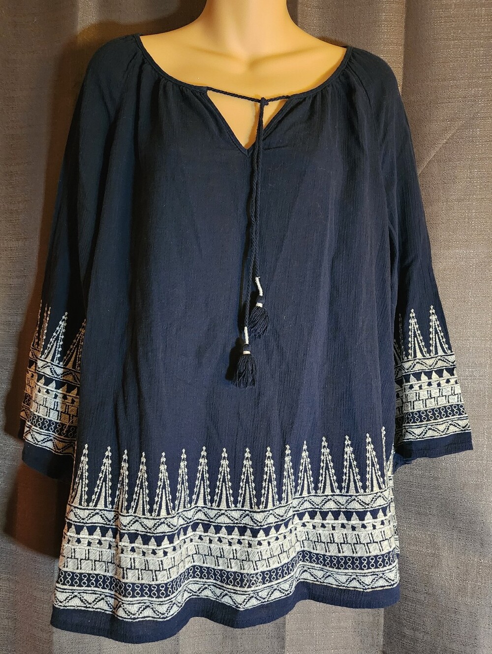 Merona XXL Navy Embroidered Boho Peasant Top Tassel Tie 3/4 Sleeve